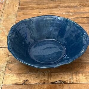 Studio Art Pottery Clay Blue Glaze Bowl Decor 12" Artist Signed